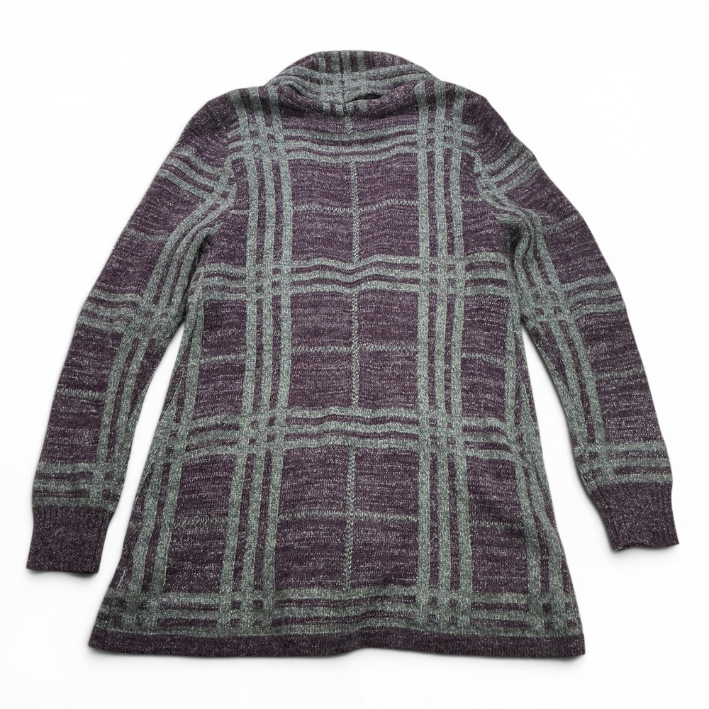 Simply Styled Purple Plaid Cardigan Women Small Metallic Open Front Knit Sweater - Picture 12 of 16